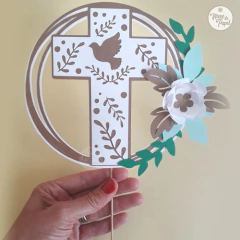 Topper Torta Bautismo, Comunión Cruz Paloma con flor en internet