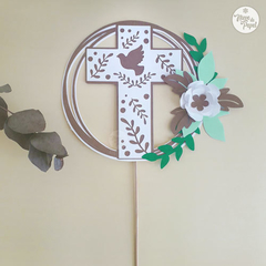 Topper Torta Bautismo, Comunión Cruz Paloma con flor en internet