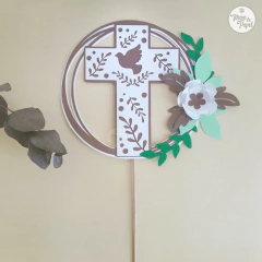 Topper Torta Bautismo, Comunión Cruz Paloma con flor - tienda online