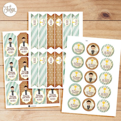 Kit Comunión Nene vintage celeste y madera Personalizado para imprimir - De Juerga Eventos