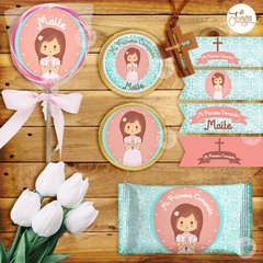 Kit Imprimible Comunion Nena Candy Bar Y Deco Personalizado - De Juerga Eventos