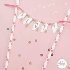 Topper Torta Banderines Imprimibles Flores rosa Alfabeto Completo Numero