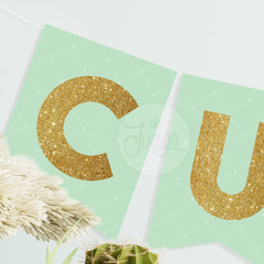 Banderines Feliz Cumple Verde claro y Dorado IMPRIMIBLES - comprar online