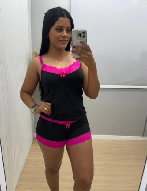 PIJAMA BABY DOLL LARA COM RENDA PRETO C/ PINK - comprar online