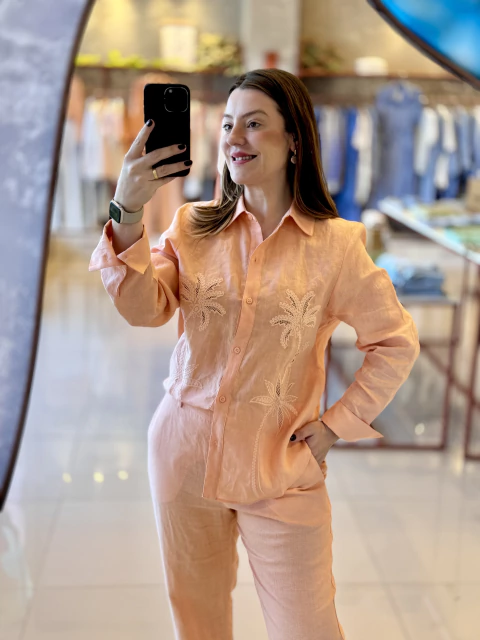 CAMISA LINHO NATURAL COM BORDADO COQUEIROS - comprar online