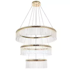 Pendente LED de cristal com três anéis dourados suspensos, iluminados em tonalidade quente 2700K