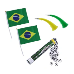 Kit Torcida Futebol Copa 2026 - 2 Bandeiras de Tecido, 2 Cornetas Vuvuzelas e 1 Lança Confete Bola