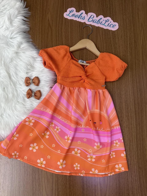 Vestido Infantil Malha Enrugada e Air Flow Laranja - Kukiê 73759