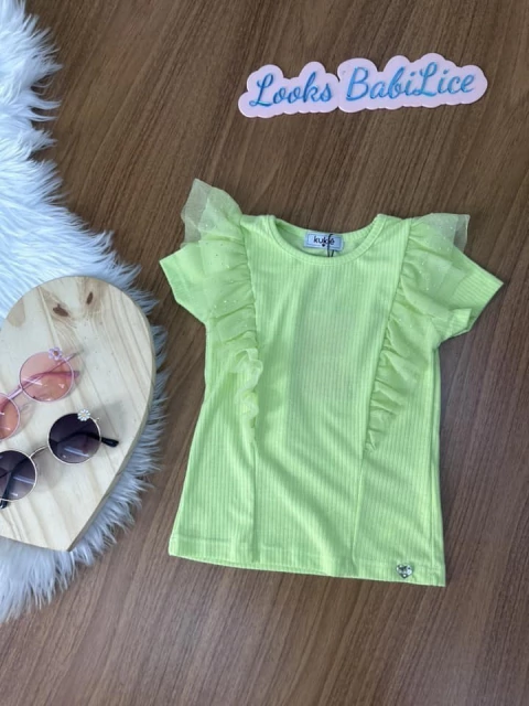 Blusa Infantil Verde Malha Canelado com Babado em Tule - Kukie 73765
