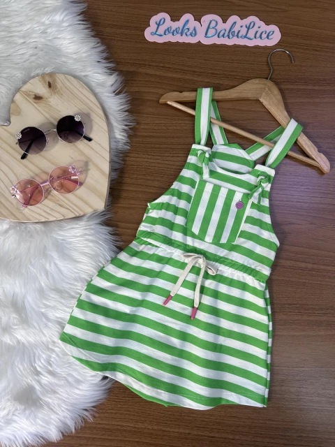 Jardineira Infantil Curta Listras Verde Alças Ajustáveis- Momi H5567