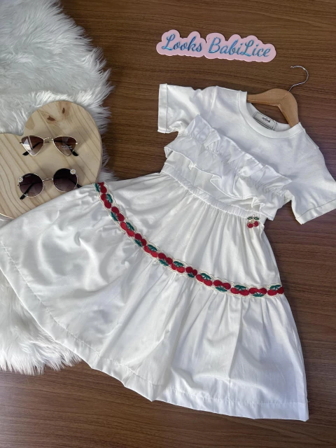 Vestido Infantil Branco Mangas Curtas Detalhe Frontal- Animê P5814