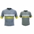 Conjunto de camisetas esportivas masculinas e infantis em tons de cinza com detalhes em amarelo e branco.