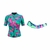 Conjunto feminino incluindo uma camisa de mangas curtas e um manguito, ambos com estampas coloridas em tons de neon.