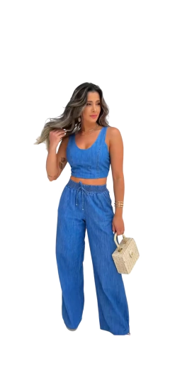 Conjunto croped e calça jeans pantalona