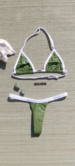 BIQUÍNI CORTININHA REGULADOR E CALCINHA FIO VERDE MUSGO/BRANCO