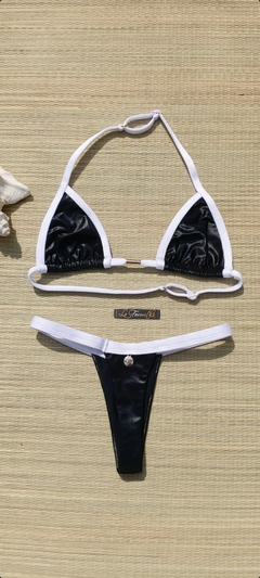 BIQUÍNI CORTININHA REGULADOR E CALCINHA FIO PRETO/BRANCO