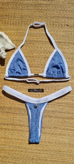 BIQUÍNI CORTININHA REGULADOR E CALCINHA FIO JEANS/BRANCO - comprar online
