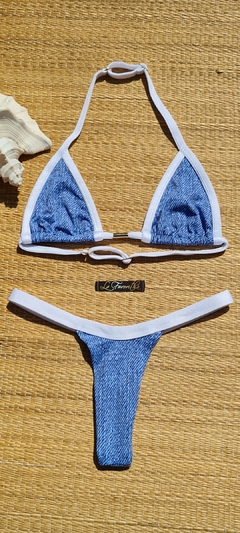 BIQUÍNI CORTININHA REGULADOR E CALCINHA FIO JEANS/BRANCO