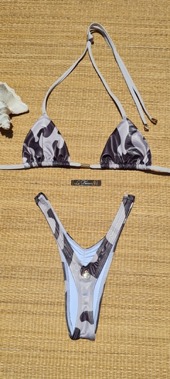 BIQUÍNI CORTININHA E CALCINHA ASA DELTA CINTURA ALTA DETALHE FRANZIDO CAMUFLADO