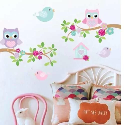 Vinilo Decorativo Kit Ramas Lechuzas Y Casita Rosa Pastel