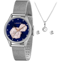 Relógio feminino analógico Lince LRGJ144L Prata e azul flores