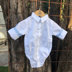 Body Social para Bebê Branco com Detalhe Azul Bebê Manga Longa com Martingale Acompanha Extensor - comprar online