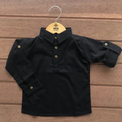 Bata Infantil Manga Longa de Algodão com Martingale Preta - HKN Camisaria - comprar online