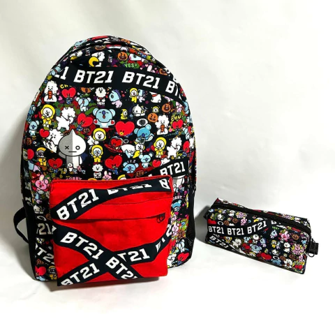 Kit mochila e estojo BTS BT21 versão preto nomes em linhas
