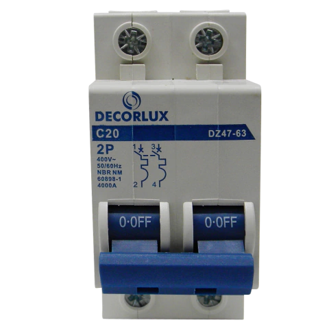 Disjuntor Termomagnético Padrão Din Bipolar 20A 415V Curva C Decorlux Dj2203