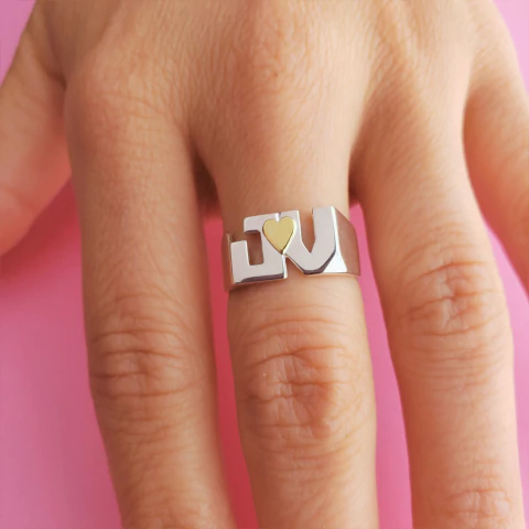 ANR3(Duble)EGT - Anillo Doble Inicial Personalizado de Plata 925 con Oro Duble Modelo R3 a Medida