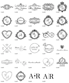 Diversos modelos de logotipos personalizados para convites de casamento, com designs elegantes e sofisticados.