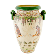 Vaso em cerâmica Craquelê, com pintura de macacos, coqueiros e flores na internet