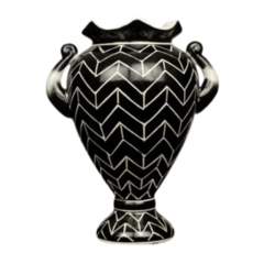 Vaso em cerâmica Dolomita, e acabamento Glaze com fundo preto e pintura estilo "Chevron" em cor branca na internet