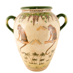 Vaso em cerâmica Craquelê, com pintura de macacos, coqueiros e flores (37,5 x 28,5 x 43,5 cm) na internet