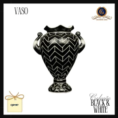 Vaso Cerâmico Preto e Branco Zigue-Zague Geométrico com Alças - Coleção Black & White (CJ0197) - comprar online