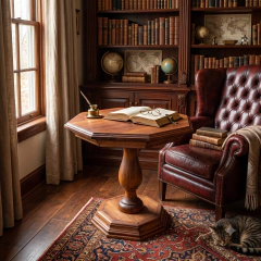 A mesa está posicionada entre uma poltrona Chesterfield de couro envelhecido oxblood e uma estante de madeira embutida repleta de livros antigos. Uma janela alta ao fundo permite a entrada de luz natural suave e dourada, que realça a pátina e os veios do 