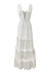Vestido largo blanco para novias con detalles de encaje y volados.