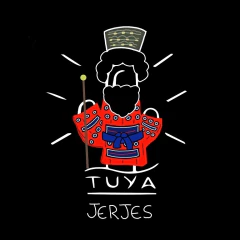 Ilustración de un personaje con barba y un atuendo colorido, sosteniendo un bastón, con el texto "TUYA JERGES" en la parte inferior.