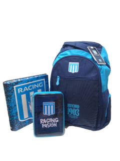 Combo Escolar RACING!! mochila 18 pulg+ carpeta + cartuchera 2 pisos