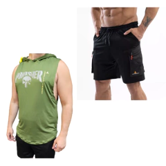 Musculosa Verde Deportiva Hombre Punisher + Short Cargo Con Bolsillos Negro