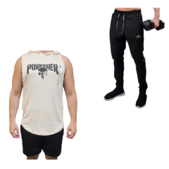 Musculosa Deportiva Hombre Punisher Crudo + Pantaln Microfibra Negro Pmicrolux