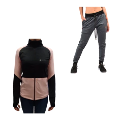 Campera Lycra Deportiva Mujer Calyud2 Rosa + Pantalón Lycra Plyccd Gris