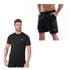 Remera Deportiva Negra Rehodry Hombre + Short Cargo C/Bolsillos Shcargo