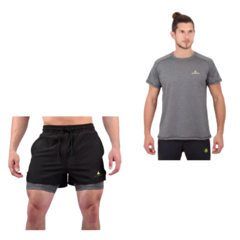 Remera Deportiva Hombre RMDF gris + Short Con Calza Shlybccmicro