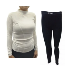 Camiseta Térmica Mujer Deportiva Blanca + Calza Térmica Negra