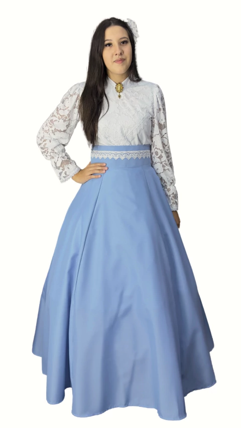 Saia de Prenda Evase em Oxford com Broderi no Coz (Ref 4000) - Azul Claro - comprar online