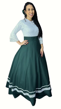 Saia de Prenda Feminina Oxford Broderi na Barra - Verde Folha - Rincão Gaúcho RS