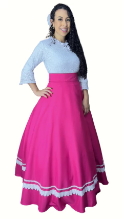Saia de Prenda Feminina Oxford Broderi na Barra - Rosa Pink - Rincão Gaúcho RS