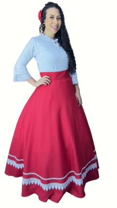 Saia de Prenda Feminina Oxford Broderi na Barra - Vermelho - Rincão Gaúcho RS