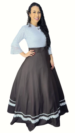 Saia de Prenda Feminina Oxford Broderi na Barra - Marrom Tradicional - Rincão Gaúcho RS